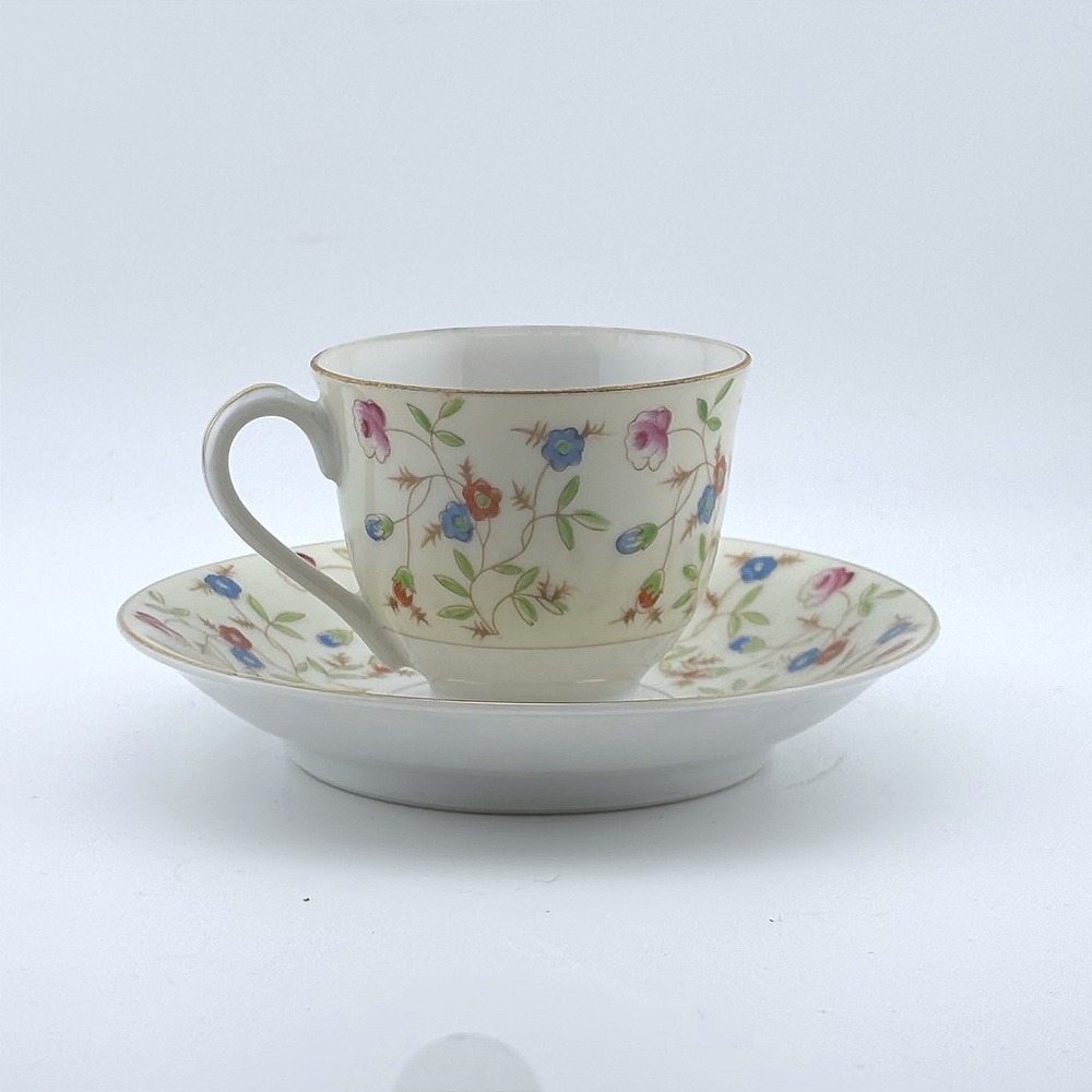 Diamond Tea Cup and Saucer Set Made in Occupied Japan Floral Gold Trim Vintage